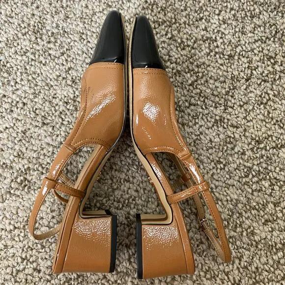 Sam Edelman Tarra Heels Size 9 Tan Black Patent Square Slingback Business Casual