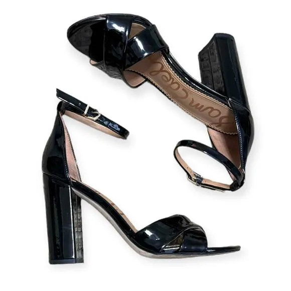 Sam Edelman Yancy Black Patent Leather Ankle Strap Block Heels Women's Size 9