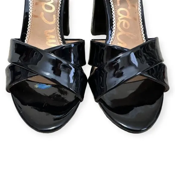 Sam Edelman Yancy Black Patent Leather Ankle Strap Block Heels Women's Size 9