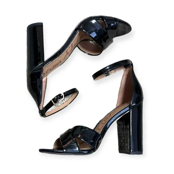 Sam Edelman Yancy Black Patent Leather Ankle Strap Block Heels Women's Size 9
