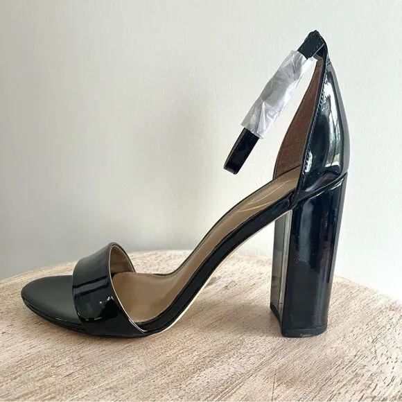 Sam Edelman Yaro Block Heel Ankle Strap Open Toe Sandal Black Patent Leather 8