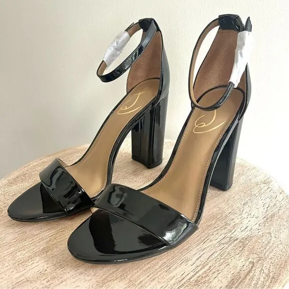 Sam Edelman Yaro Block Heel Ankle Strap Open Toe Sandal Black Patent Leather 8