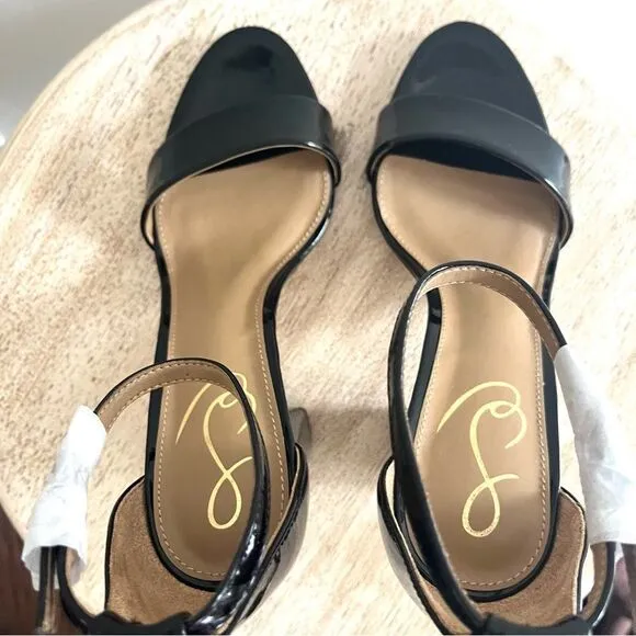 Sam Edelman Yaro Block Heel Ankle Strap Open Toe Sandal Black Patent Leather 8