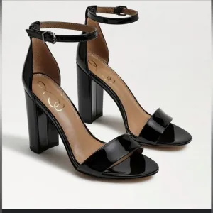 Sam Edelman Yaro Block Heel Ankle Strap Open Toe Sandal Black Patent Leather 8
