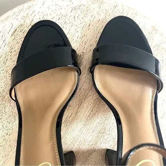 Sam Edelman Yaro Block Heel Ankle Strap Open Toe Sandal Black Patent Leather 8