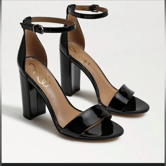 Sam Edelman Yaro Block Heel Ankle Strap Open Toe Sandal Black Patent Leather 8