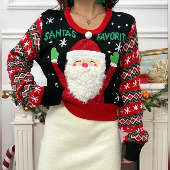 Santa's Favorite Knit Fun Fuzzy Beard Fair Isle Long Sleeve Holiday Sweater Top