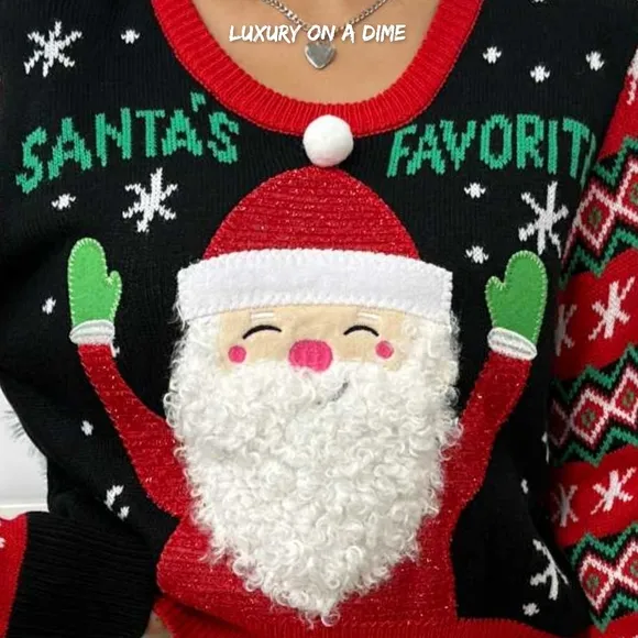 Santa's Favorite Knit Fun Fuzzy Beard Fair Isle Long Sleeve Holiday Sweater Top