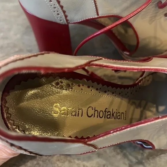 Sarah Chofakian chunky peep toe Mary Jane style contrast leather tie up shoes
