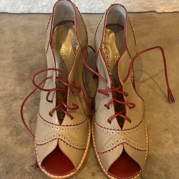 Sarah Chofakian chunky peep toe Mary Jane style contrast leather tie up shoes