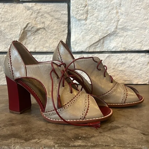Sarah Chofakian chunky peep toe Mary Jane style contrast leather tie up shoes