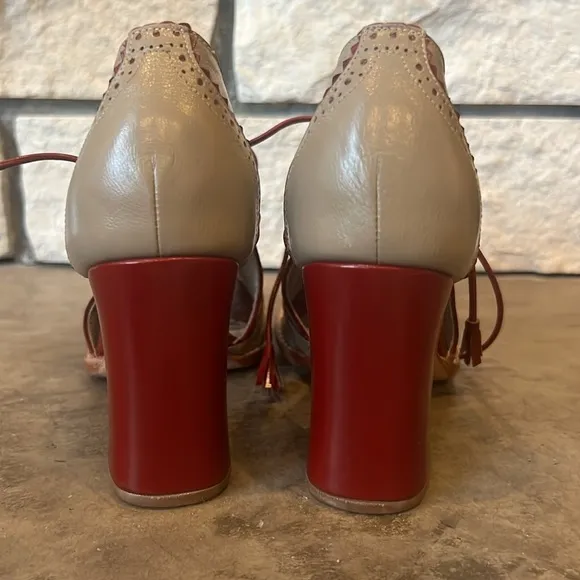 Sarah Chofakian chunky peep toe Mary Jane style contrast leather tie up shoes