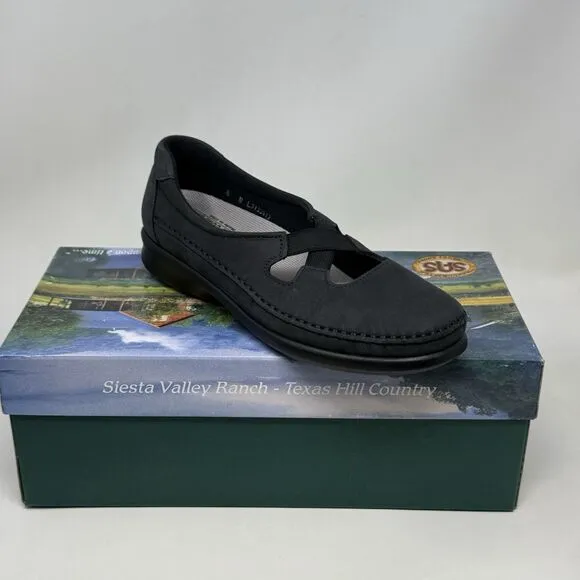 SAS Crissy Shoes Womens 8 N Narrow Black Nubuck Leather Cross Strap Slip On