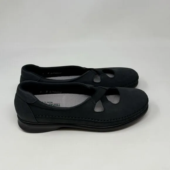 SAS Crissy Shoes Womens 8 N Narrow Black Nubuck Leather Cross Strap Slip On