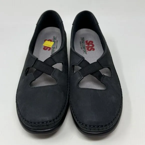 SAS Crissy Shoes Womens 8 N Narrow Black Nubuck Leather Cross Strap Slip On