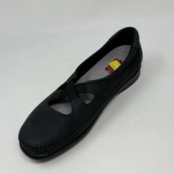 SAS Crissy Shoes Womens 8 N Narrow Black Nubuck Leather Cross Strap Slip On