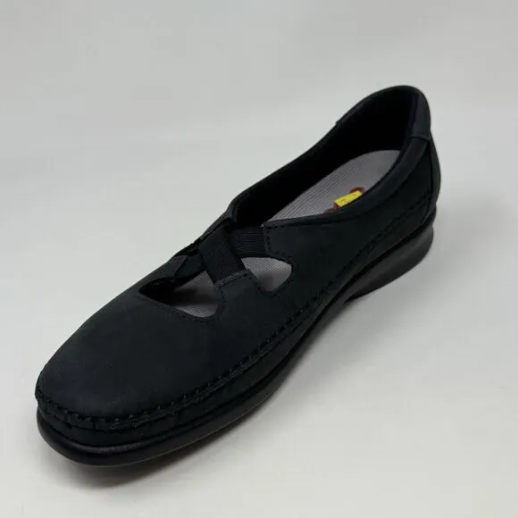 SAS Crissy Shoes Womens 8 N Narrow Black Nubuck Leather Cross Strap Slip On