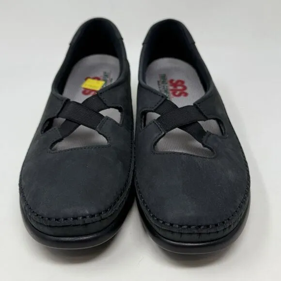 SAS Crissy Shoes Womens 8 N Narrow Black Nubuck Leather Cross Strap Slip On