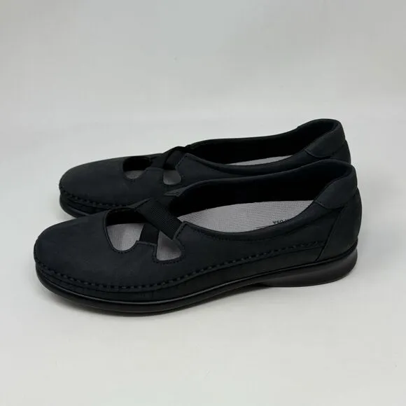SAS Crissy Shoes Womens 8 N Narrow Black Nubuck Leather Cross Strap Slip On