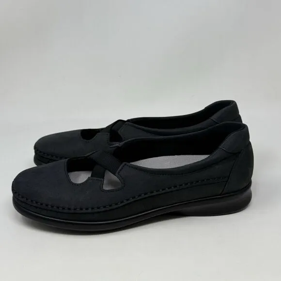 SAS Crissy Shoes Womens 8 N Narrow Black Nubuck Leather Cross Strap Slip On
