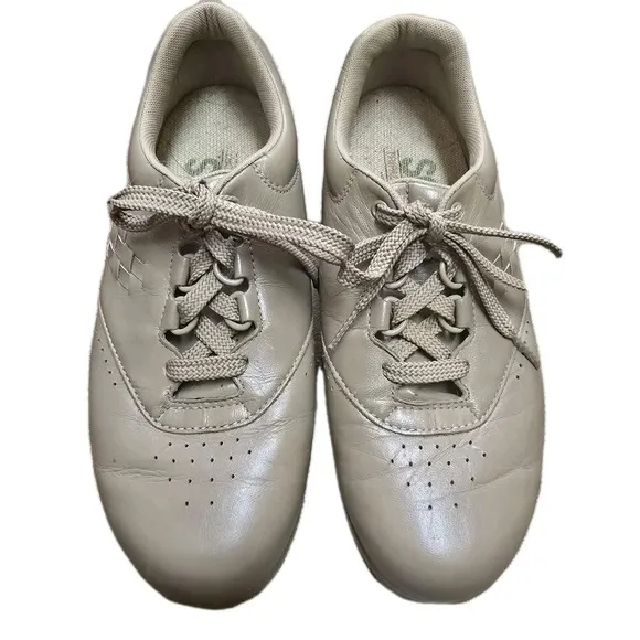 SAS Leather Comfort Walking Shoes Beige Lace Up Cushioned Size 7W