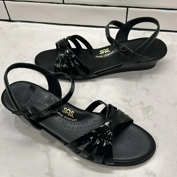 SAS Strippy Quarter Strap Wedge Sandal Women's Stylish Black Patent Size 11