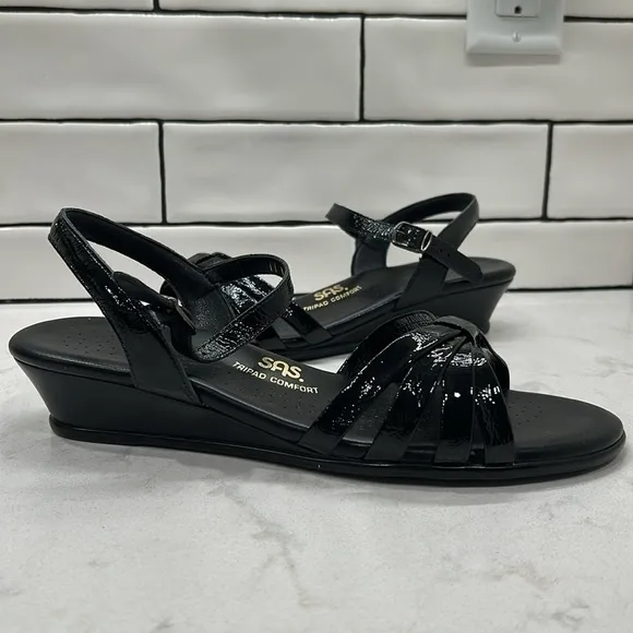 SAS Strippy Quarter Strap Wedge Sandal Women's Stylish Black Patent Size 11