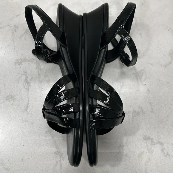 SAS Strippy Quarter Strap Wedge Sandal Women's Stylish Black Patent Size 11