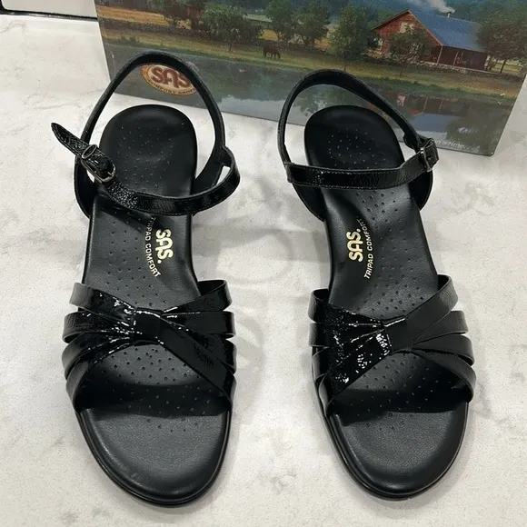 SAS Strippy Quarter Strap Wedge Sandal Women's Stylish Black Patent Size 11