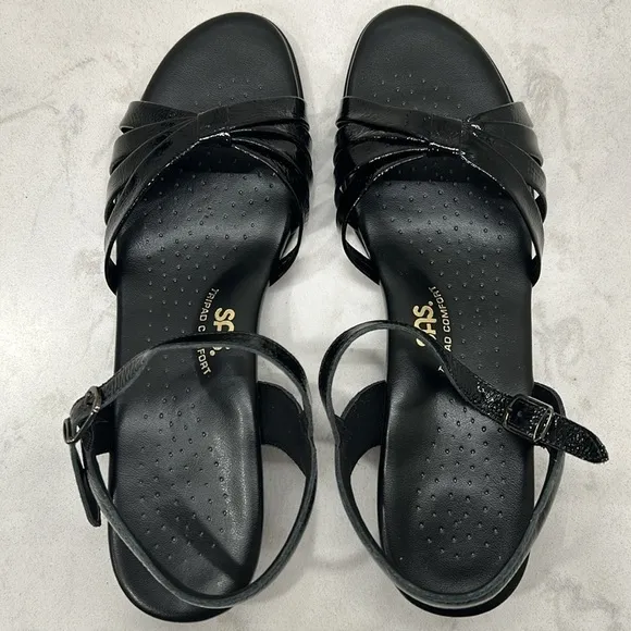 SAS Strippy Quarter Strap Wedge Sandal Women's Stylish Black Patent Size 11