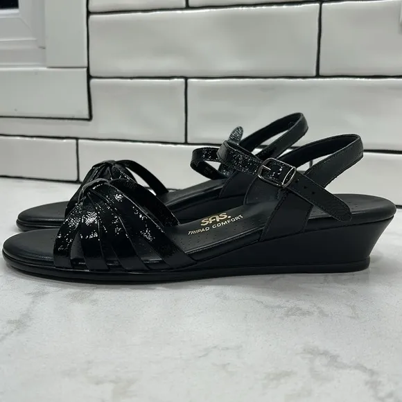 SAS Strippy Quarter Strap Wedge Sandal Women's Stylish Black Patent Size 11