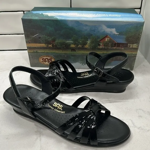 SAS Strippy Quarter Strap Wedge Sandal Women's Stylish Black Patent Size 11