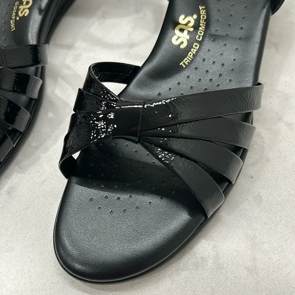 SAS Strippy Quarter Strap Wedge Sandal Women's Stylish Black Patent Size 11