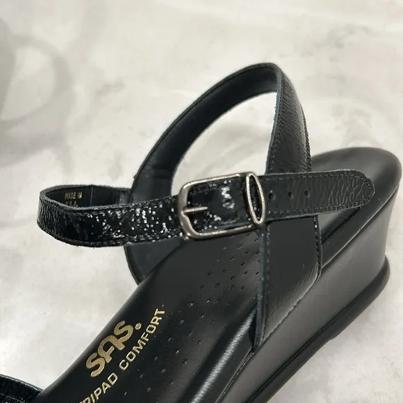 SAS Strippy Quarter Strap Wedge Sandal Women's Stylish Black Patent Size 11