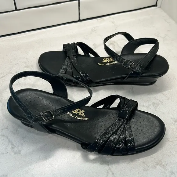 SAS Strippy Quarter Strap Wedge Sandal Women's Stylish Black Patent Size 9