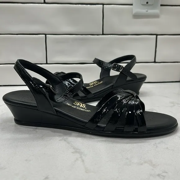 SAS Strippy Quarter Strap Wedge Sandal Women's Stylish Black Patent Size 9