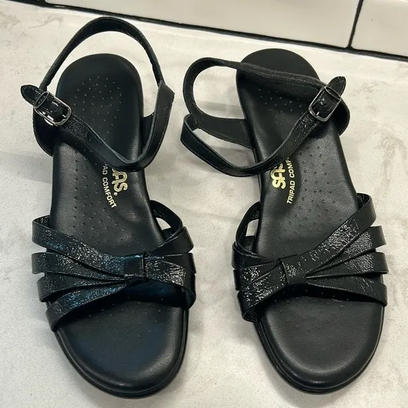SAS Strippy Quarter Strap Wedge Sandal Women's Stylish Black Patent Size 9