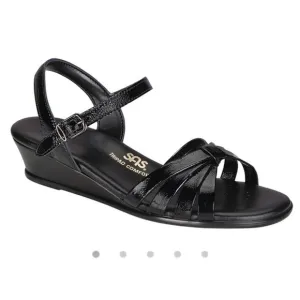 SAS Strippy Quarter Strap Wedge Sandal Women's Stylish Black Patent Size 9