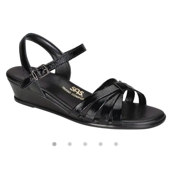 SAS Strippy Quarter Strap Wedge Sandal Women's Stylish Black Patent Size 9