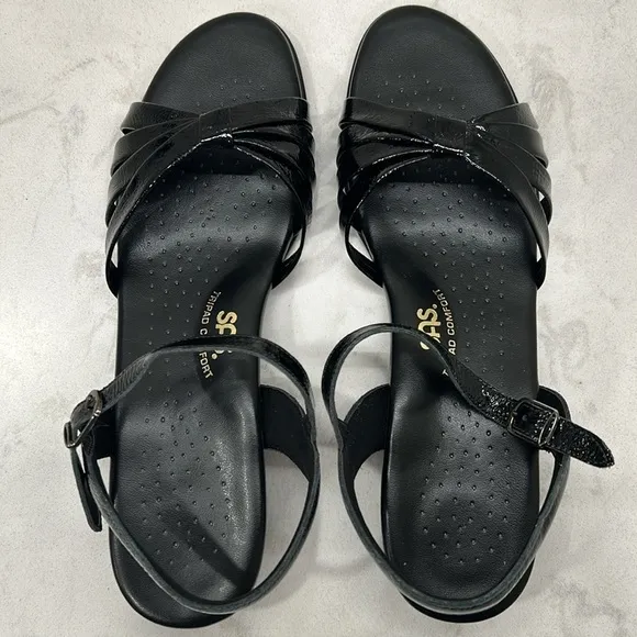 SAS Strippy Quarter Strap Wedge Sandal Women's Stylish Black Patent Size 9