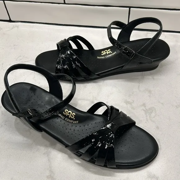 SAS Strippy Quarter Strap Wedge Sandal Women's Stylish Black Patent Size 9