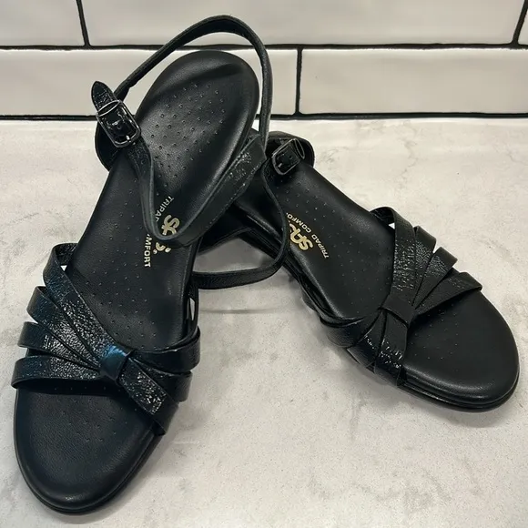 SAS Strippy Quarter Strap Wedge Sandal Women's Stylish Black Patent Size 9