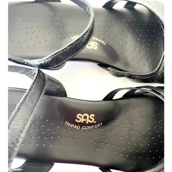 SAS Tripad Strippy Comfort‎ Wedge Sandal Black Patent Dress Made in USA Size 11