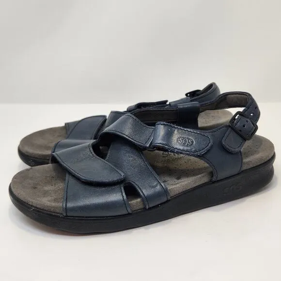SAS Women Huggy Cross Strap Sandal Blue Leather Size 8 N Tripad Comfort Shoes