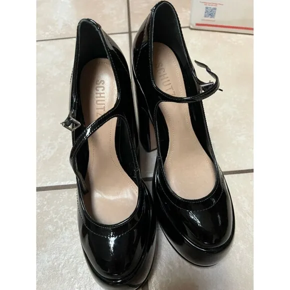 Schutz Womens 9 Zayne Patent Pump Black Platform Block Heels Shoes Buckle