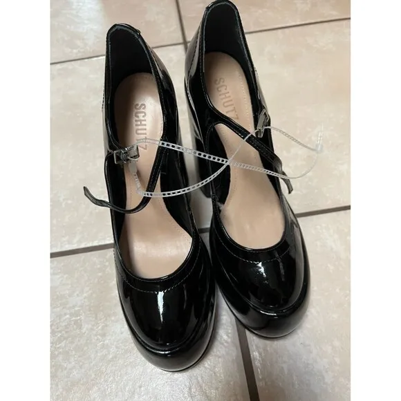 Schutz Womens 9 Zayne Patent Pump Black Platform Block Heels Shoes Buckle