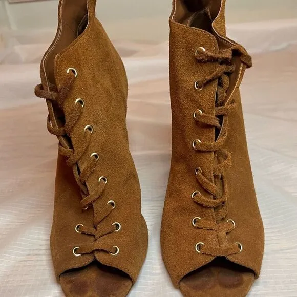 Schutz Suede Brown Open Toe Lace Up Chunky Heel Size 10