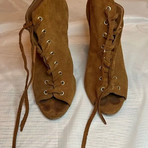 Schutz Suede Brown Open Toe Lace Up Chunky Heel Size 10