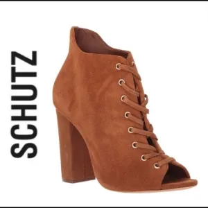 Schutz Suede Brown Open Toe Lace Up Chunky Heel Size 10