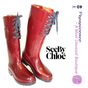 SEE BY CHLOE ITALY WATERPROOF RED TALL BOOTS. EXCELLENT 38